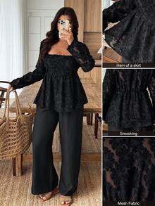 Breezaya 2pcs Plus Size Square Collar Ruffle Hem Top & Linen Fabric Pants Set, Autumn/Winter Fall - Black - View 1