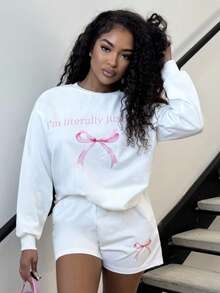 Alexandranx 2pcs Casual Minimalist Pattern Round Neck Long Sleeve Loose Top For Women, Suitable For Spring/Autumn And Winter - White - View 3
