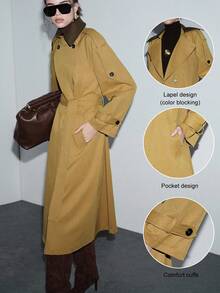 Lumivelle Manteau/veste longue/trench-coat élégant à double boutonnage avec patchwork col châle pour femmes - Multicolore - Voir 1
