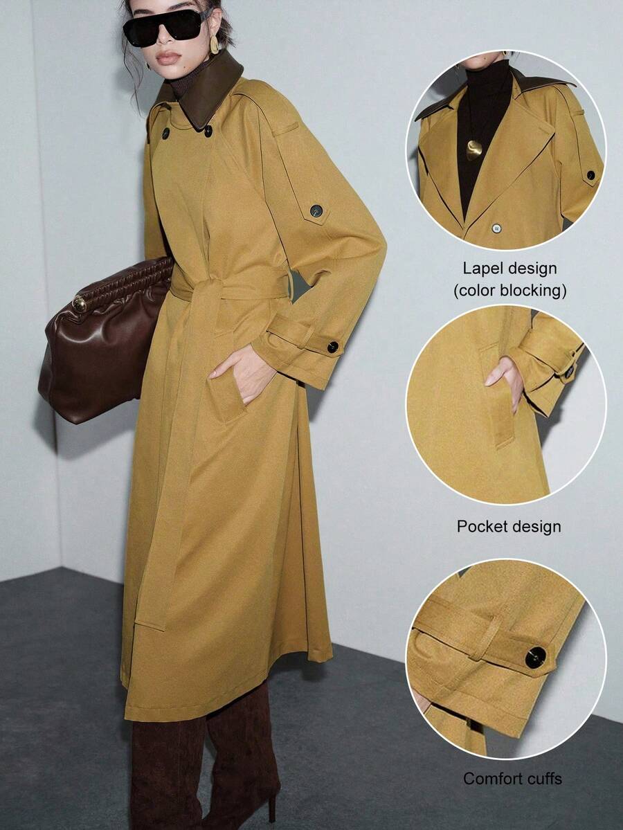 Lumivelle Manteau/veste longue/trench-coat élégant à double boutonnage avec patchwork col châle pour femmes - Multicolore - Voir 1
