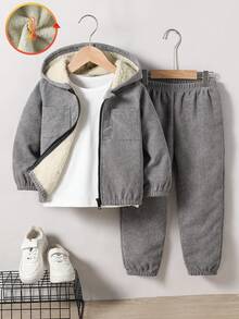 男童休闲简约抓绒外套和裤子套装（2件套），适合休闲放松、日光浴、上学、秋冬季节、幼儿穿着，保暖内衬。 - 灰色 - 查看 1
