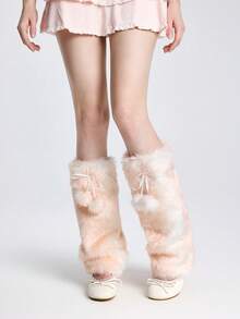 ROMWE Fairycore 1双可爱毛绒小鹿图案腿套，Y2K风格毛绒球加厚超大腿套，时尚修身，适合日常、秋冬季、节日和派对穿着 - 彩色 - 查看 2