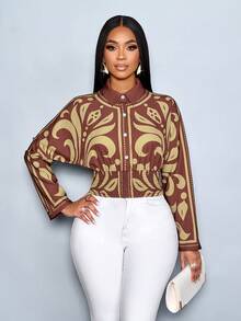 SOLERSUN 性感优雅的通勤定位艺术印花棕色秋冬女式衬衫上衣秋季女装冬季女装感恩节女装返校教师 - 棕色 - 查看 3