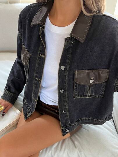 DAZY Chaqueta vaquera de mujer casual de otoño con parches de PU y bolsillos