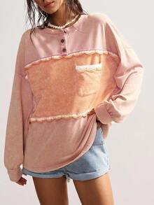Bohemela Áo thun dài tay tối giản màu khối cỡ lớn dành cho nữ - Màu Hồng baby - Xem 4