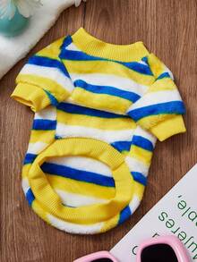 PETSIN 1 件黄色条纹彩色宠物透气保暖连帽衫，适合秋冬季度假休闲，厚宠物服装 - 黃色 - 查看 3