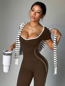 Dewbera Macacão Esportivo Sem Costas de Alta Elasticidade com Contraste de Cores, Moda, Fitness, Yoga - Castanho - Visão 3