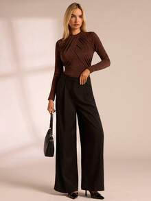 Glamine Damen Kaffeefarbe Strass Dekor Plissee Rundhals Langarm Slim Fit Basisschicht Top, geeignet für Frühling, Herbst & Winter - Kaffeebraun - Übersicht 3