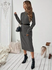 EMERY ROSE Women's Crew Neck Straight Knit Sweater Dress, Casual Versatile Everyday Wear, Suitable For All - Dark Grey - View 6