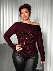 Cravure Nuova maglia a maniche lunghe da donna alla moda, aderente, con paillettes colorate e contrasto in rete trasparente - Bordò - Visualizzare 5