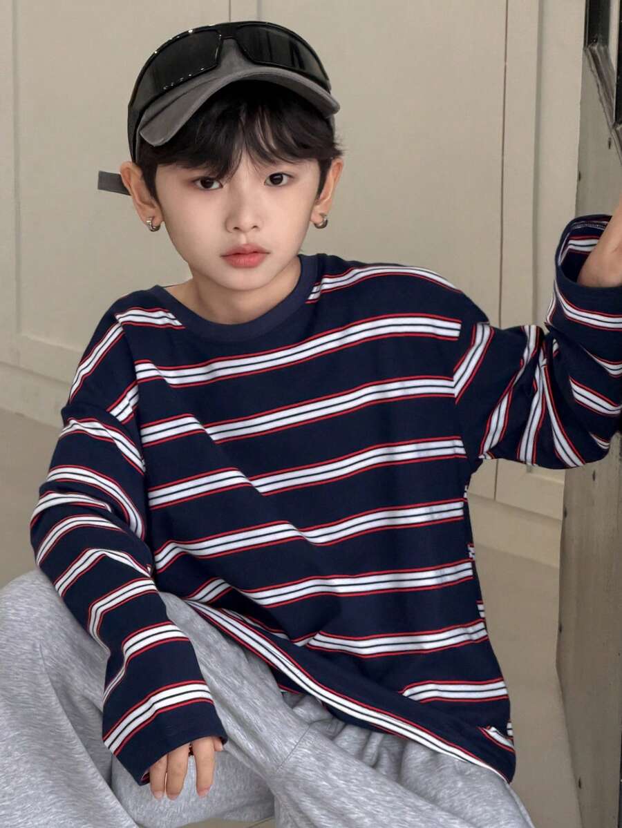 Dazy Kids Camiseta de manga larga con cuello redondo a rayas informal y oversize para niño preadolescente, otoño y primavera - Azul Marino - Ver 1
