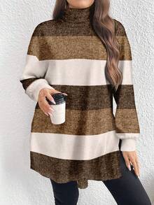 EMERY ROSE 秋冬季撞色条纹印花休闲简约大码女式高领长款T恤 - 彩色 - 查看 1