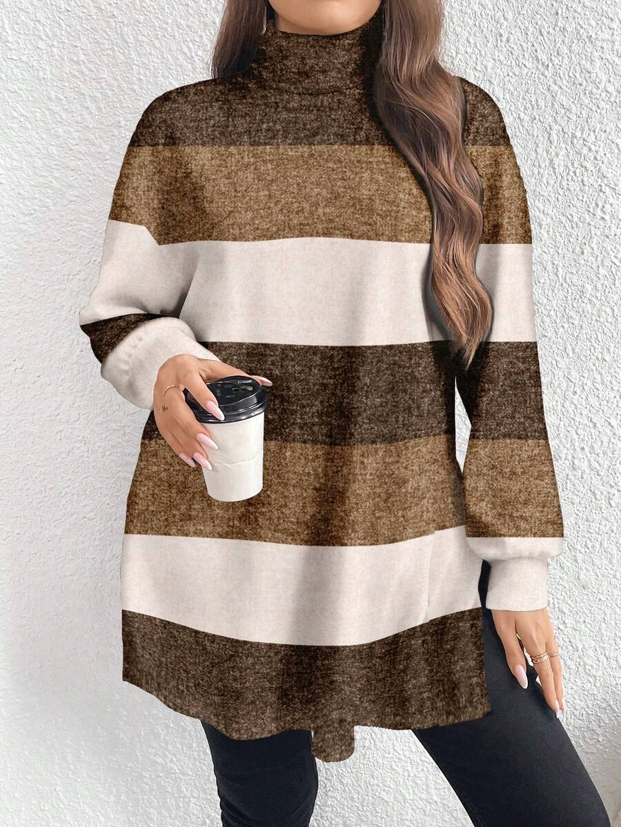 EMERY ROSE 秋冬季撞色条纹印花休闲简约大码女式高领长款T恤 - 彩色 - 查看 1