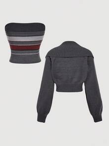 SHEIN MOD Set Atasan Tube Rajut Minimalis Bergaris Abu-abu Gelap dengan Warna Kontras dan Kardigan Pendek, Set Sweater Rajut Dua Potong Nyaman untuk Musim Gugur dan Sehari-hari - Grey - View 2