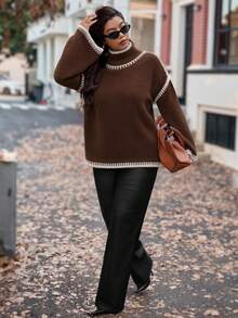 Vionelle Plus Size Women Knitted Elegant Fashionable Color Block Ribbed Hem Loose Pullover Sweater, Casual & Versatile Brown Sweater Coffee Brown Top Long Sleeve Top Sweater For Women Chocolate Brown Top - Coffee Brown - View 5
