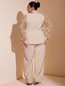 SHEIN BAE Plus  Size  2pcs Women's Business Office Wear Embroidered Details Double-Breasted Fitted Blazer & Pants Set Fall Cloth For Women,Plus Size Women Sequin Patchwork Fringe Mesh Long Sleeve Blazer And Wide Leg Pants Elegant Suit,Christmas Women's Clothing,New Year Clothes,Thanksgiving Outfit For Women,Elegant Women's Set,Luxury   Set,Sequin Top,Glitter Top,Winter /Fall  Clothes For Women - Black - View 3