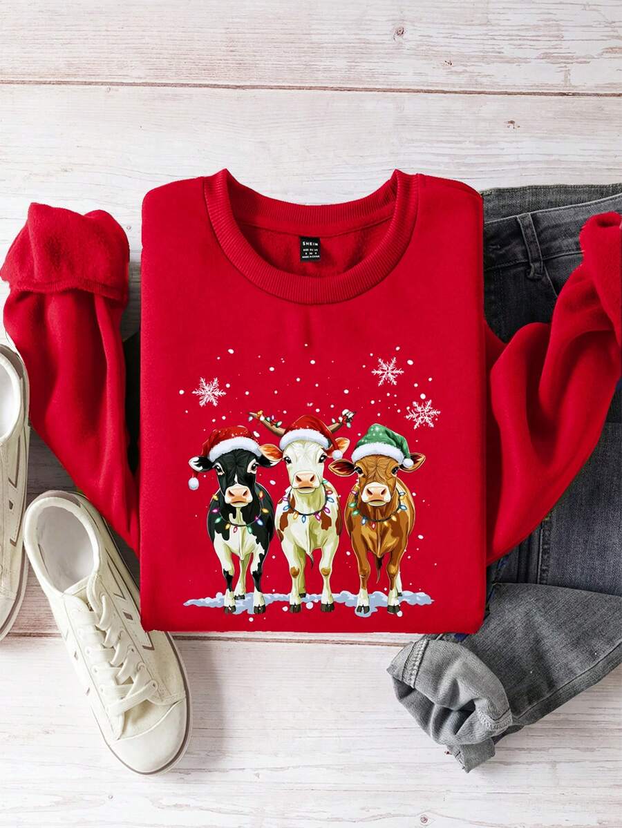 SHEIN EZwear 休闲简约圣诞小牛皮印花宽松圆领长袖加厚卫衣，女士款，秋冬新年派对必备 - 紅色 - 查看 1