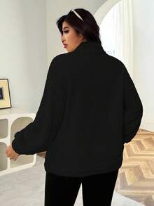 Solflare Plus Size Women's Casual Loose Fit Drop Shoulder Black Sweatshirt, Autumn/Winter - Black - View 2