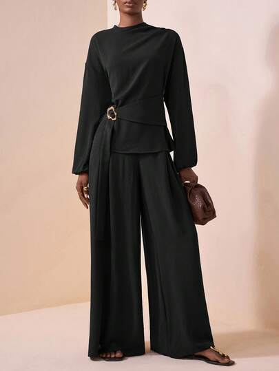 Zivah 2025 Autumn New Music Festival Western Nomadic Style Birthday Party Graduation Collegiate Student Daily Casual Wear Wedding Guest Boho Commute Airport Party Holiday Elegant Long Sleeve Ruched Shoulder Metal Decor Belted Top And Wide Leg Pocket Pants 2-Piece Set