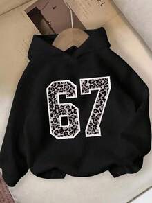 Sparklyn Tween Girl Cozy Fall & Winter Styles Casual Fashion Creative Personalized Fresh Chic Minimalist Leopard Print Number 67 Graphic Sweatshirt, Comfortable In Autumn/Winter - Black - View 3