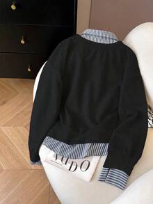 Airaco Women's Casual Striped Patchwork Sweatshirt, Autumn/Winter - Black - View 2