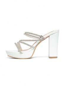 CUCCOO SZL Women's Fashion Rhinestone Strap Chunky Heel Platform Sandals, Suitable For Commuting, Dating, Gathering, Party, Wedding And Other Occasions Prom Heels Summer Shoes - White - View 7