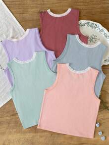 SHEIN 5 Stücke/Set Mädchen weiße Einfarbige elegante, süße Spitzenbesatz bequeme modische Unterhemd Camisoles