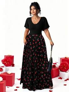 Elenzga Plus Size Elegant Minimalist Holiday Party Ruffle Sleeve Fitted Knit Dress - Multicolor - View 3