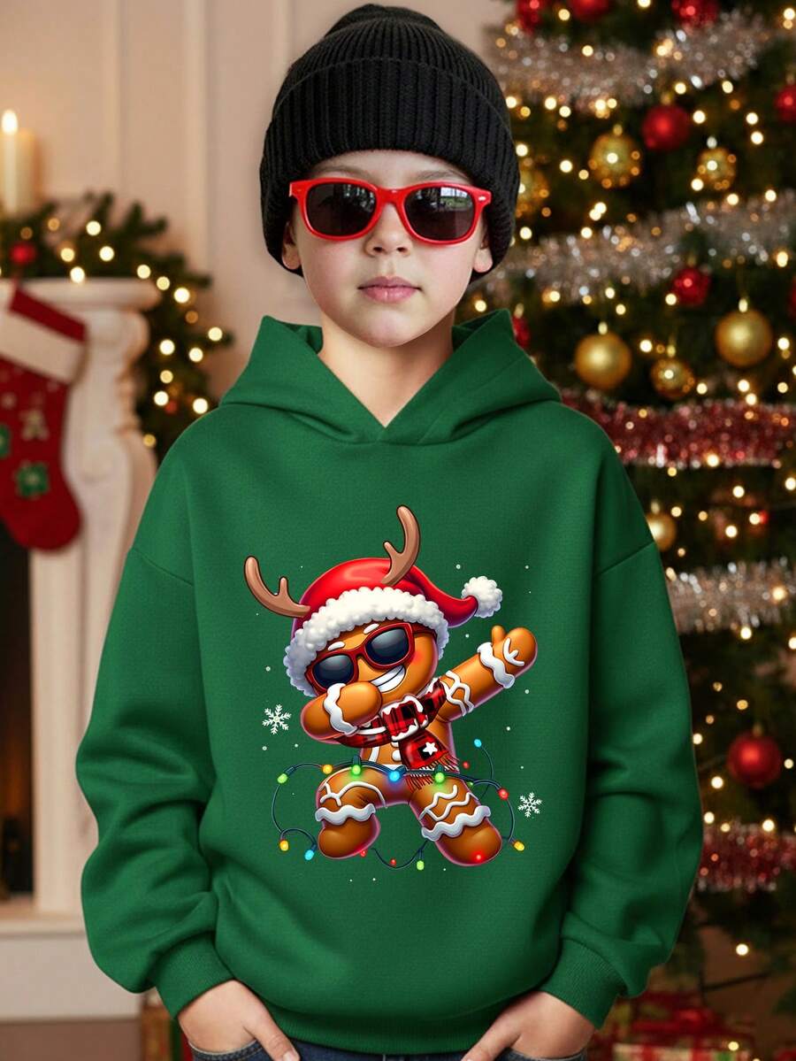 Tween Boy Casual Minimalist Fashion Classic Christmas Warm & Comfortable Cartoon Gingerbread Man & Christmas Pattern Thick Hooded Sweatshirt, Suitable For Autumn/Winter - Dark Green - View 1