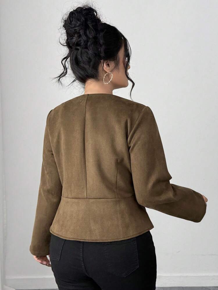 Dazy Plus Suede Fleece Thickened Round Neck Waist Hem Cropped Long Sleeve Jacket, Spring/Autumn