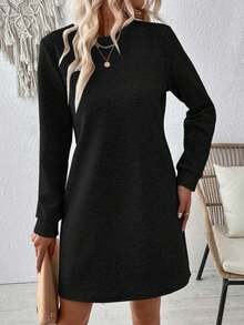 EMERY ROSE Plus Size Women Casual Textured Solid Color Long Sleeve Dress, Autumn/Winter - Black - View 4