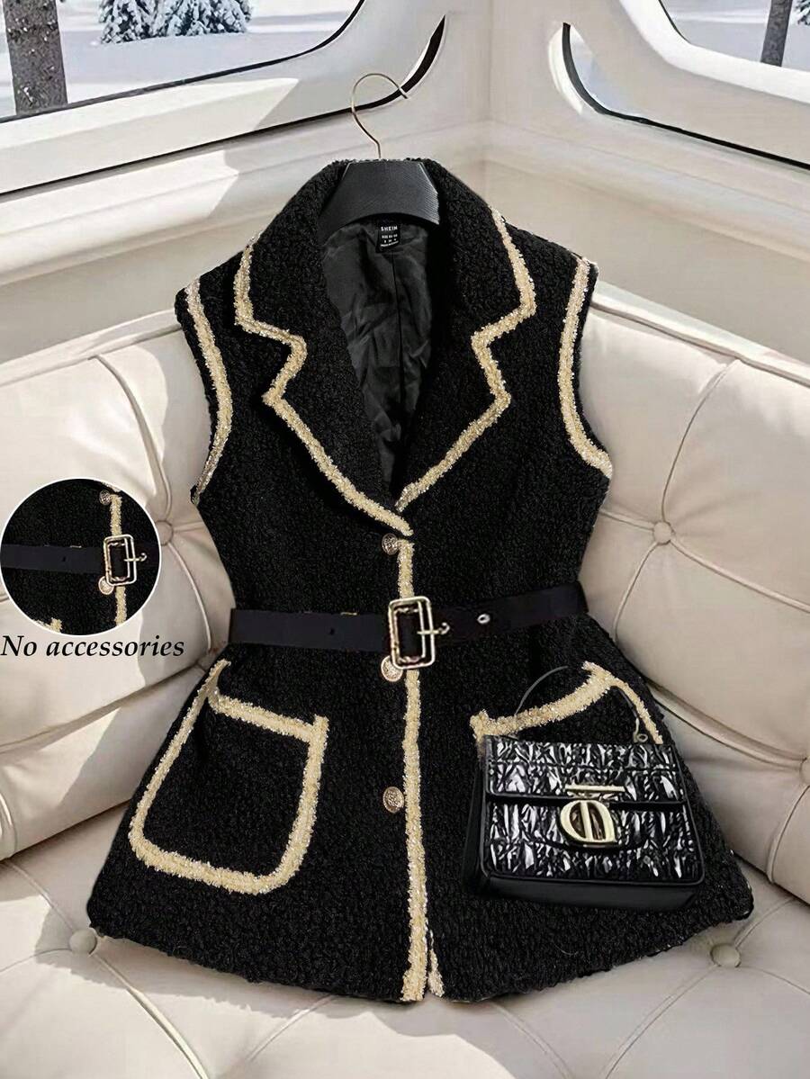 Franclia Chaqueta elegante sin mangas de solapa con ribete de cinta para mujer - Negro - Ver 1