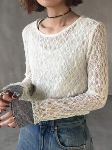 FRIFUL Women's Contrast Color Round Neck Long Sleeve Sheer Lace Fabric Layered Casual Versatile Top, Autumn/Winter - White - View 3