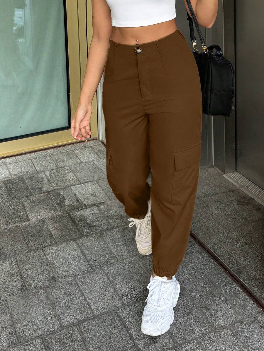 Calvaya Women's Solid Color Cargo Pocket Drawstring Casual Pants - Brown - View 1