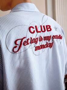 Manfinity VCAY Men's Slogan Embroidered Striped Casual Long Sleeve Shirt - Blue - View 7