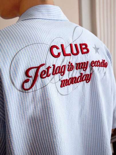 EASEVO 加大码男士休闲时尚街头风字母刺绣条纹印花二合一衬衫，春秋季