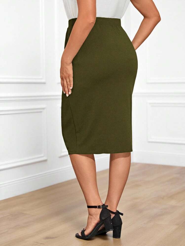 Plus Size Women High Waist Solid Color Contrast Lace Elegant Pencil Skirt