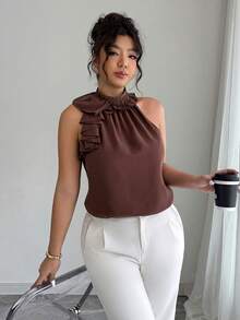 Elenzga Ruched Sleeveless Blouse, Intellectual And Elegant - Brown - View 6