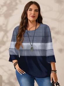 EMERY ROSE 大码女式休闲全身印花圆领宽松七分袖衬衫，秋冬 - 彩色 - 查看 6