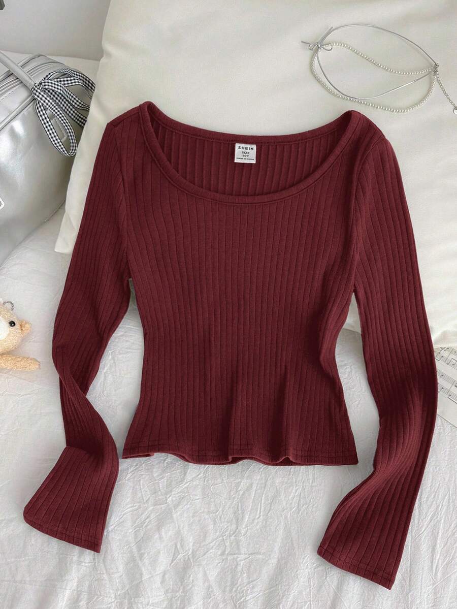 Tween Girls' Ribbed Crew Neck Elastic Fitted All-Match Versatile Long Sleeve T-Shirt, Comfortable - Burgundy - View 1