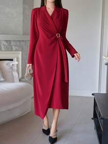 DAZY Women's Elegant Solid Color Asymmetric Belted Midi Dress With Blazer Collar, Autumn/Winter - Burgundy - View 6