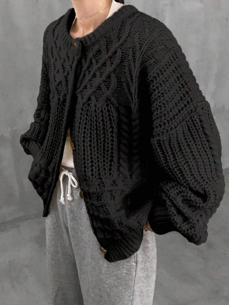 FRIFUL Áo khoác cardigan dệt kim dáng rộng tay dài trễ vai màu trơn, đơn hàng khuy, thu/đông cho nữ - màu đen - Xem 1