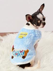 PETSIN 1件腊肠犬双面毛绒宠物背心，蓝色，带防滑扣，加厚保暖宠物服装 - 藍色 - 查看 4