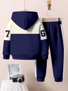 SHEIN 2pcs/Set Young Boy Loose Casual Sports Sweatshirt And Pants,Autumn,Career Day,Back-To-School,Color Block Patchwork Brooklyn City Number 78 Letter G7 - Multicolor - View 2