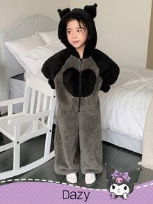 DAZY HELLO KITTY AND FRIENDS | SHEIN Young Girl Embroidered Color Block Hooded Long Sleeve Jumpsuit Pajama Thermal Lined, Winter - Black - View 5