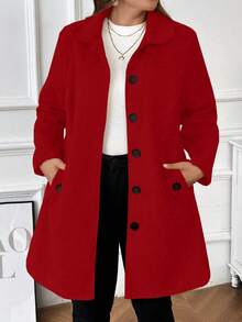 Jaqueta de Lã de Manga Longa com Bolso e Botões na Frente, Casual e Monocromática, Plus Size - Vermelho - Visão 3