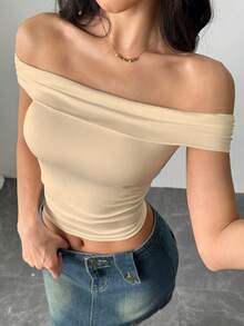 Sweetra 女士夏季修身褶皱露肩T恤，纯色Y2K - 卡其色 - 查看 4