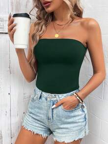 Sylviya 女士纯色绿色紧身休闲抹胸，夏季百搭 - 墨綠色 - 查看 3