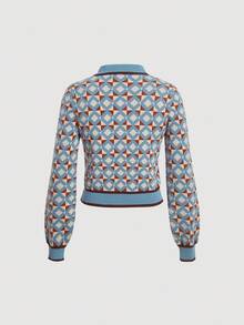 SHEIN MOD Women's Geometric Pattern Colorblock Sweater With Contrast Trims And Lantern Sleeves,Long Sleeve Tops,Knitted Sweater In Fall/Winter - Multicolor - View 2