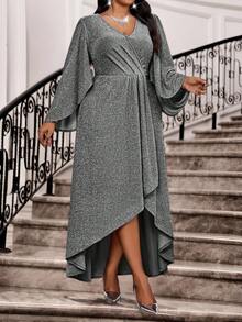 Fleurora New Spring And Summer Autumn And Winter Elegant Party Wedding Valentine's Day  Cocktail Party Concert/Music Festival Black Knitted Overlap Collar Flared Split Flounce Sleeve Long Long Sleeve Plus Size Dresses Elegant Dresses For Party Elegant Party Dresses Elegant Dresses For Women Elegant Dresses For Ladies Elegant Dress Shiny Dress Sparkly Plus Size Solid Color V-Neck Front Short Black Long Wrap Elegant Dress Spring Outfit Women Summer Dress  Party Dress  Wedding Guest Dress For Women  Birthday Dress Vacation - Black - View 3